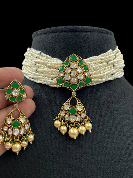 Elegant Kundan & Pearl Choker Necklace Set with Green Enamel Detailing