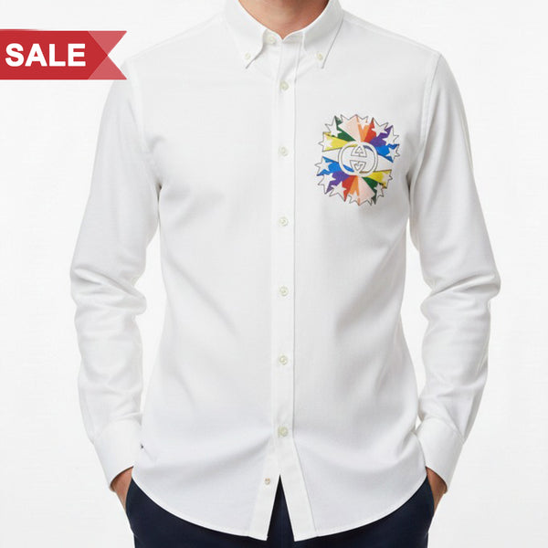 Men’s Luxury White Shirt with Colorful Embroidered Chest Design