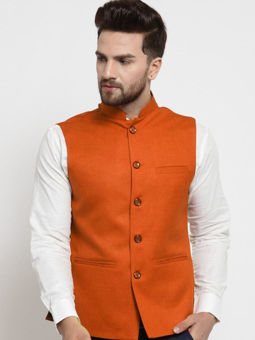 Men Orange Solid Nehru Jacket By Treemoda