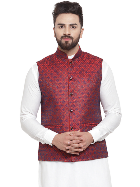 Treemoda New Designer Men Maroon Brocade Nehru Jacket For Men