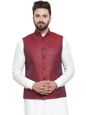 Treemoda New Designer Men Maroon Brocade Nehru Jacket For Men