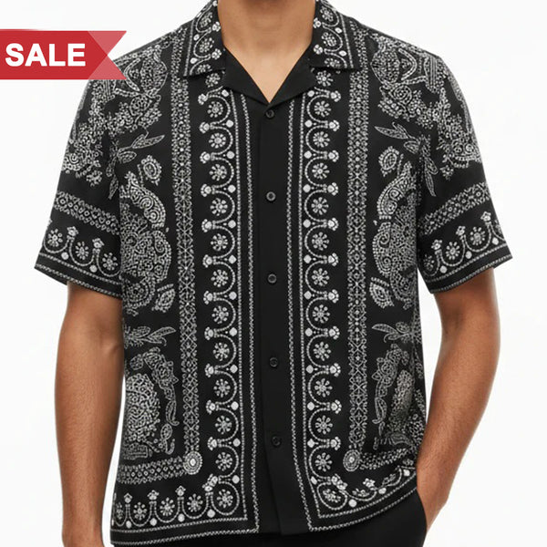 Men’s Black Paisley Print Half Sleeve Shirt Bold Designer Casual Wear