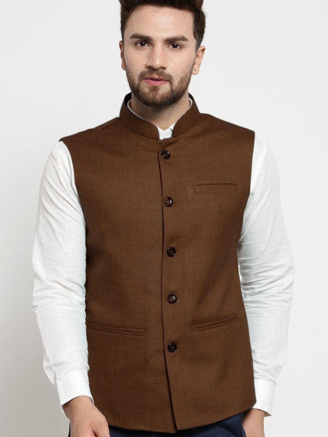 Men Caramel Solid Nehru Jacket By Treemoda