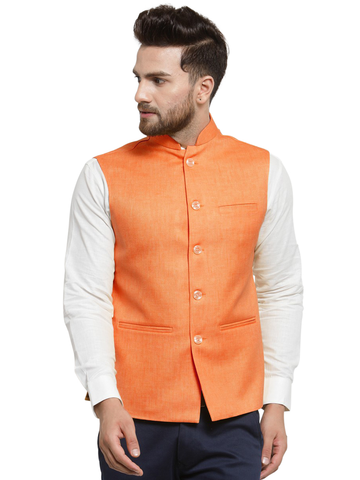 Treemoda Orange Tango Nehru jacket For Men Stylish Latest Design Suitable for Ethnic Wear/Wedding Wear/ Formal Wear/Casual Wear