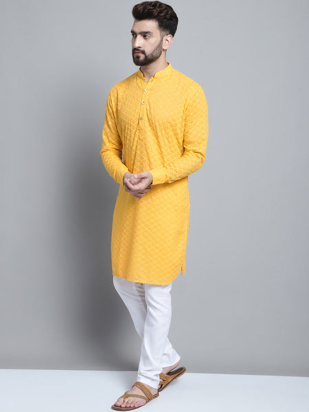 Yellow Chikankari Embroidery Cotton Kurta Pajama Set by Treemoda