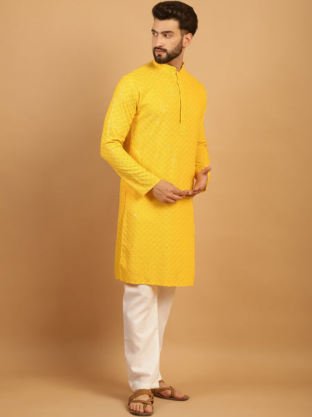 Embellished Sequinned Chikankari Embroidered Yellow Kurta Pajama Set by Treemoda