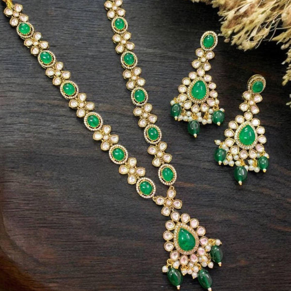 Green Stone Kundan Simple Necklace with Drop Pattern Green Bead Earring Jewellery Set