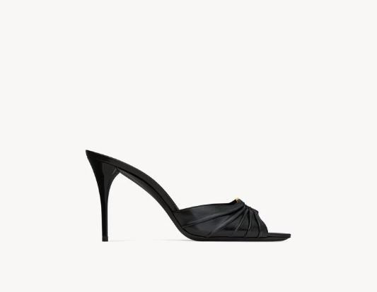 Ruched Open-Toe High-Heeled Mules with Gold Accent