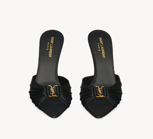 Ruched Open-Toe High-Heeled Mules with Gold Accent