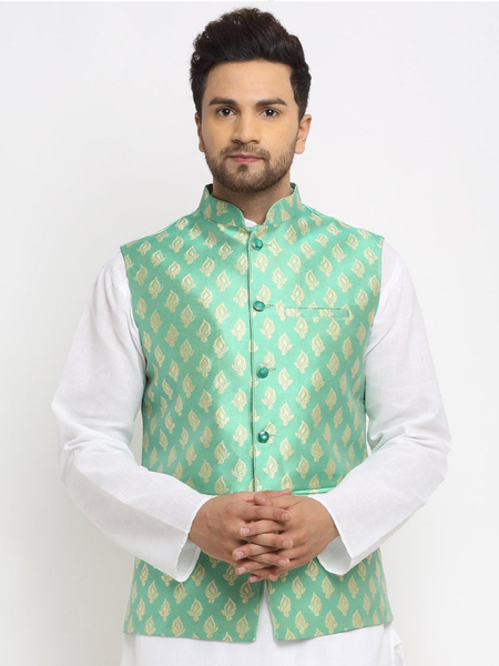 New Designer Men Aqua Green Brocade Nehru Jacket With Golden Work By Treemoda