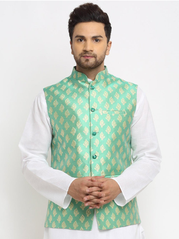 New Designer Men Aqua Green Brocade Nehru Jacket With Golden Work By Treemoda