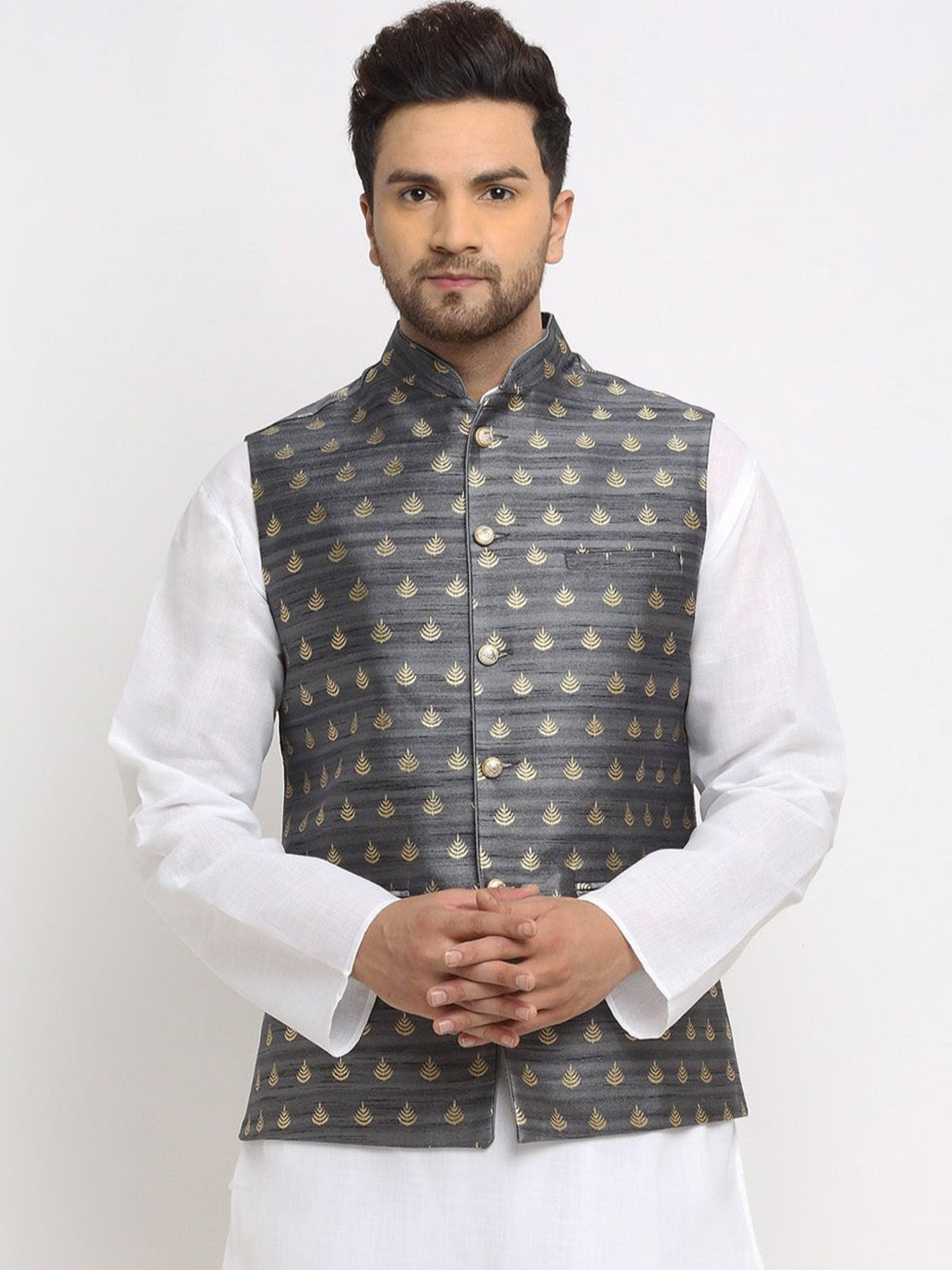 New Designer Men Dark Grey and Golden Brocade Nehru Jacket With Golden Work By Treemoda