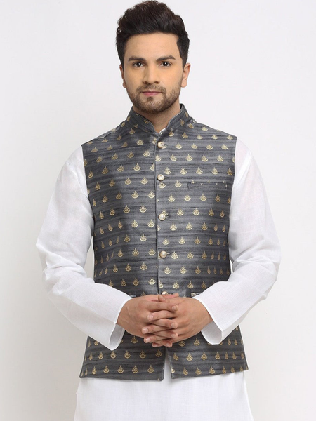 New Designer Men Dark Grey and Golden Brocade Nehru Jacket With Golden Work By Treemoda