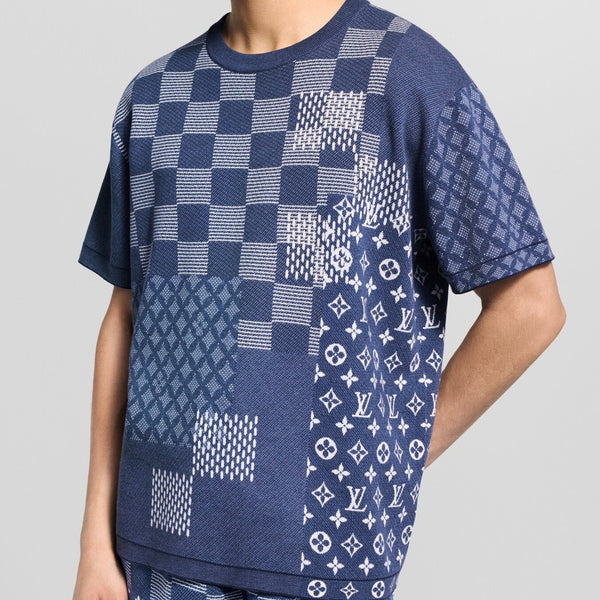Luxury Blue Patchwork Knit Tee  Signature Monogram Edition