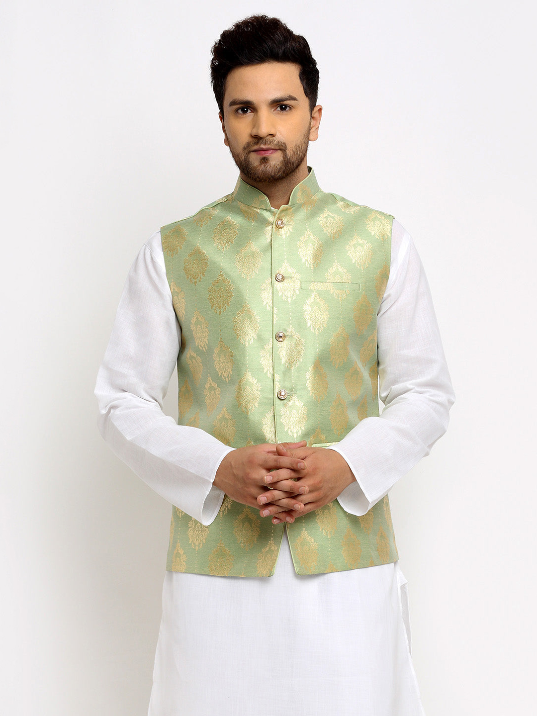 New Designer Men Tea  Green Brocade Nehru Jacket With Golden Work By Treemoda