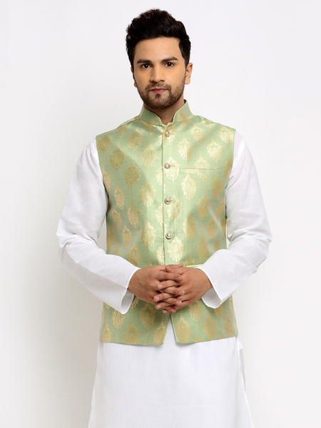 New Designer Men Tea  Green Brocade Nehru Jacket With Golden Work By Treemoda