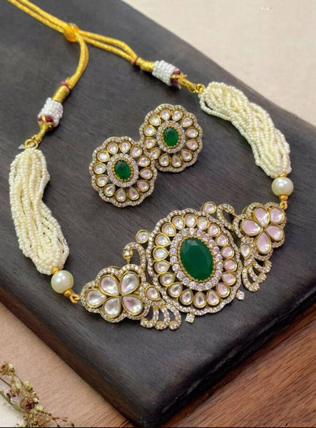 Designer Crystal Beaded  Gold Plated Kundan Choker Necklace Set