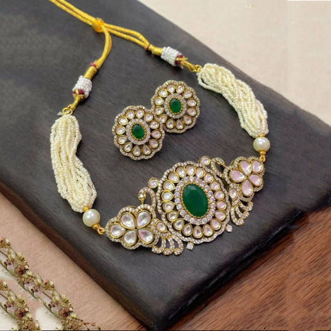 Designer Crystal Beaded  Gold Plated Kundan Choker Necklace Set