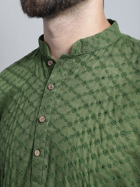 Green Chikankari Embroidery Cotton Kurta Pajama Set by Treemoda