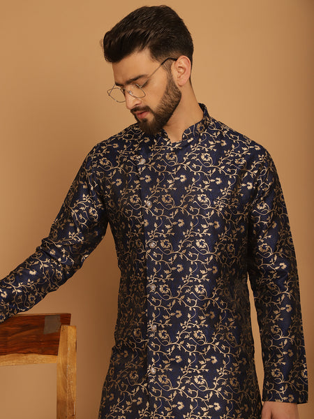 Designer Blue Golden Brocade Silk Sherwani Set by Treemoda