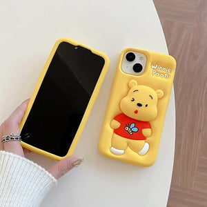 3D Cute Cartoon Winnie-the-Pooh with Holder Soft Silicone Back Case for iPhone 12 ,13 14 and 15 Series
