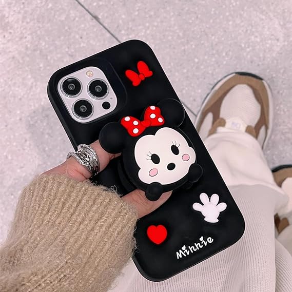 3D Minnie Holder Cute Cartoon Soft Silicone Back Case for iPhone 12 ,13 14 and 15 Series