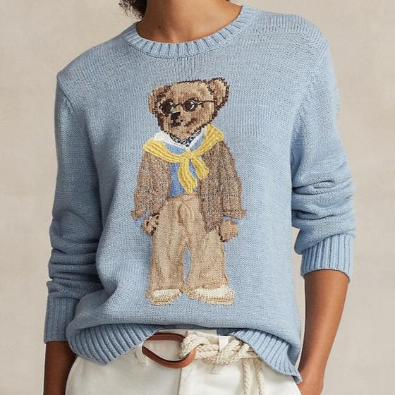 Women Light Blue Polo Bear Crewneck Sweater