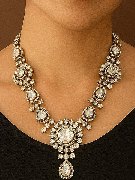 Grand Kundan Polki Necklace with Circular Floral Motifs & Matching Earrings