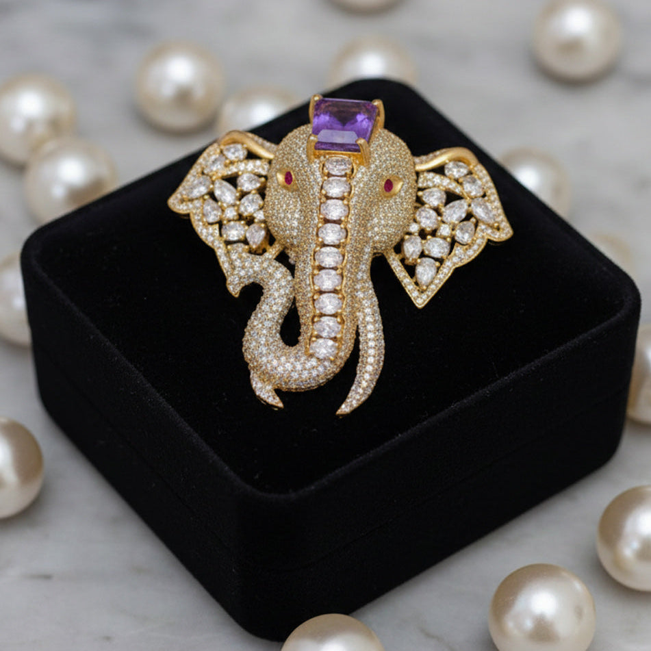 Victorian Polish Elephant Brooch with Doublet Moissanite Polki
