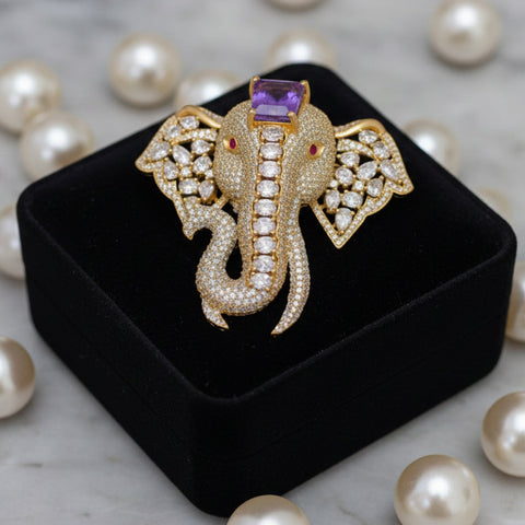 Victorian Polish Elephant Brooch with Doublet Moissanite Polki