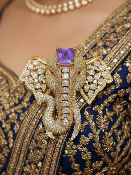 Victorian Polish Elephant Brooch with Doublet Moissanite Polki