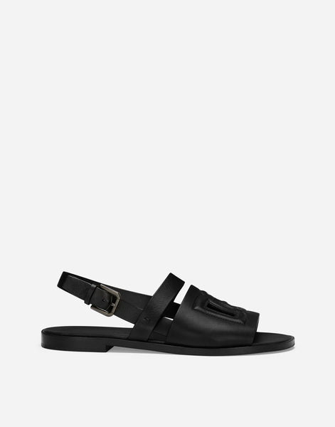 Luxury Black Leather Cut-Out Logo Slingback Sandals