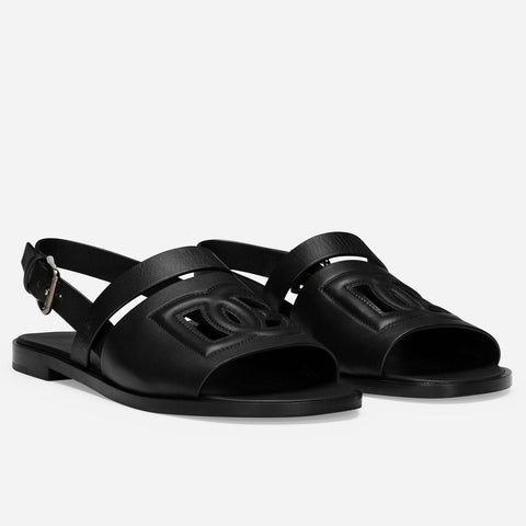 Luxury Black Leather Cut-Out Logo Slingback Sandals