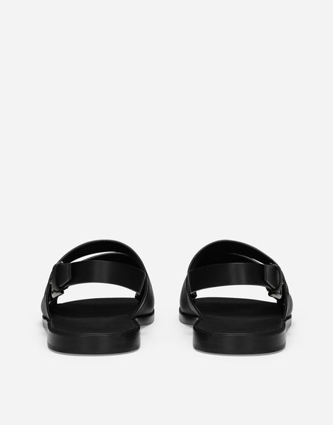 Luxury Black Leather Cut-Out Logo Slingback Sandals