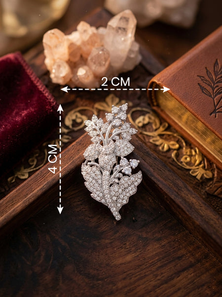 Elegant Leaf Design American Diamond Brooch Pin Brass Floral Style (4 cm x 2 cm)