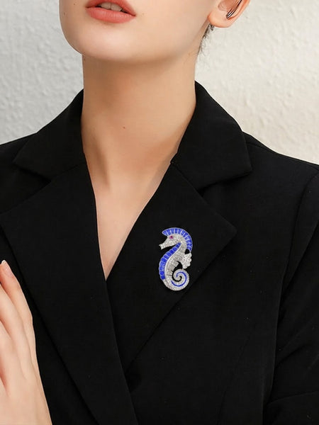 Royal Blue Seahorse Brooch Pin  Silver Plated Brass with AAA AD Stones
