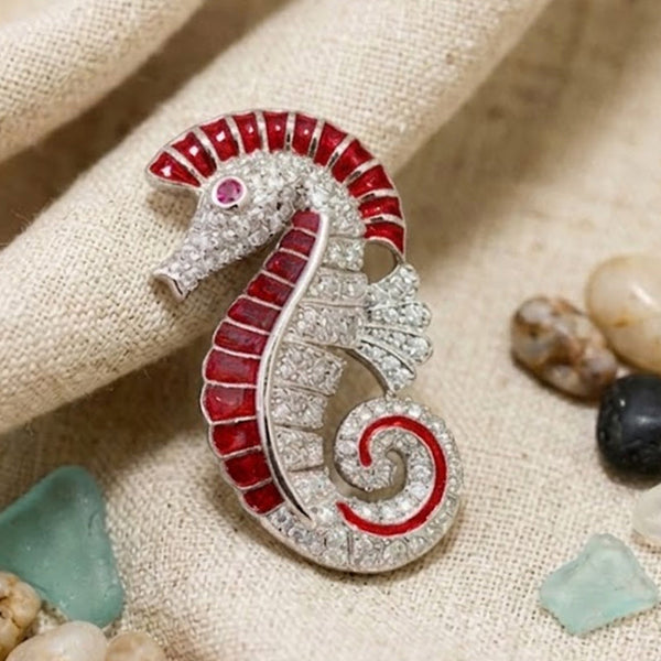 Elegant Red Seahorse Brooch Pin Silver Plated Brass with AAA AD Stones