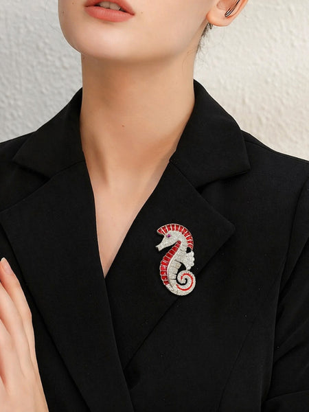 Elegant Red Seahorse Brooch Pin Silver Plated Brass with AAA AD Stones