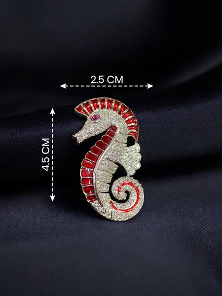 Elegant Red Seahorse Brooch Pin Silver Plated Brass with AAA AD Stones