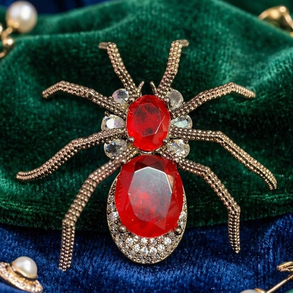 Handmade Red Spider Brooch Victorian Finish Brass with AAA AD Stones