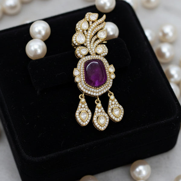 Victorina Moissanite Polki Brass Drop Pendant with Purple Doublets