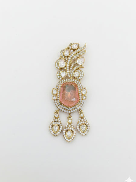 Victorina Moissanite Polki Brass Pendant with Peach Gem Doublets