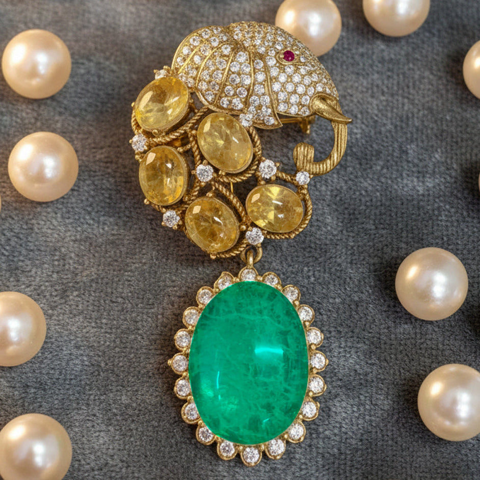 “Victorian Polish Elephant Brooch with Green Doublet and Moissanite Polki”