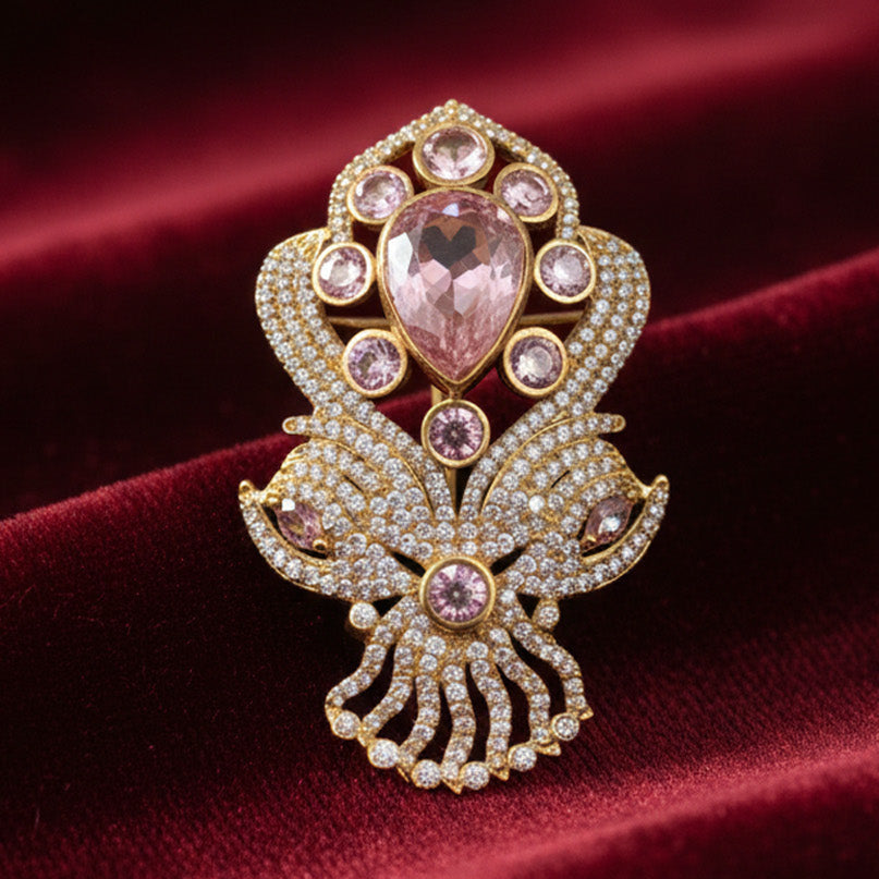 “Victorian Polish Pink Doublet Brooch with Moissanite Polki Work”