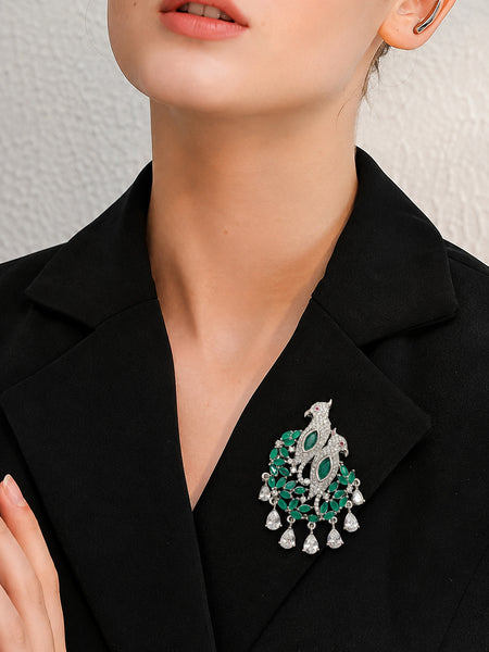 Premium Green Birds Design Stone Brooch Pin for Women Elegant Party & Wedding Accessory