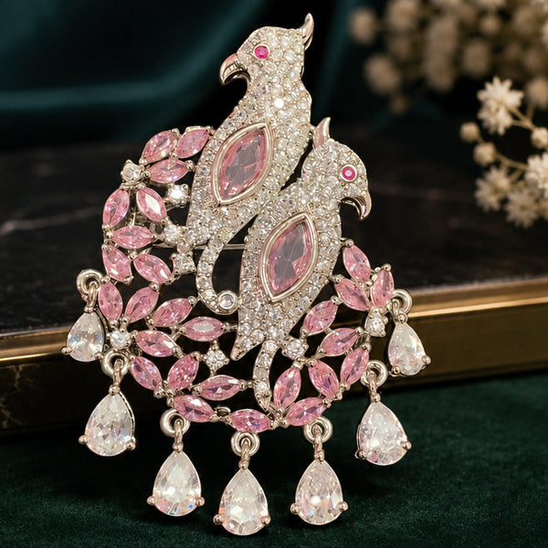 Elegant Pink Birds Design American Diamond Brooch Pin for Women