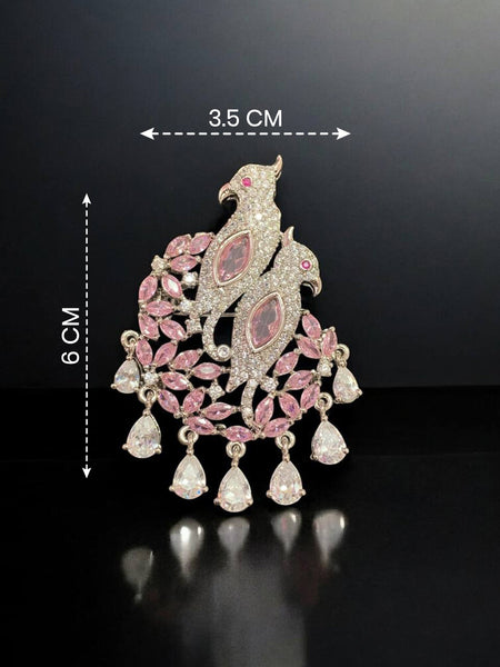 Elegant Pink Birds Design American Diamond Brooch Pin for Women
