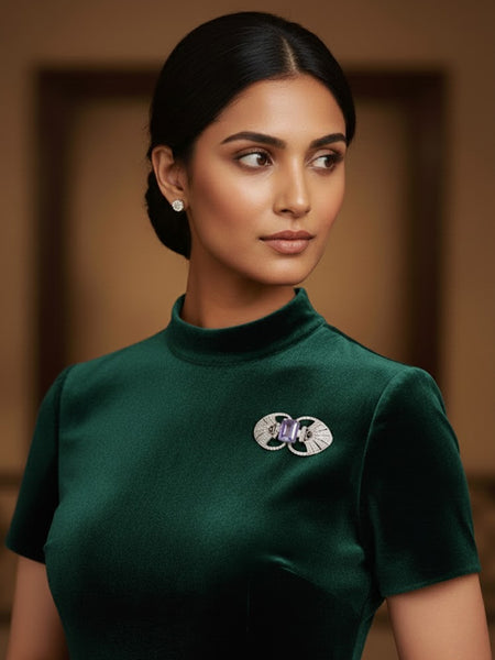 “Victorian Silver Polish Brooch with Lavender Doublet and Moissanite Polki”