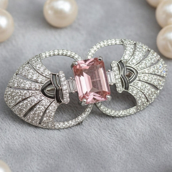 Victorian Silver Polish Brooch with Pink Doublet and Moissanite Polki