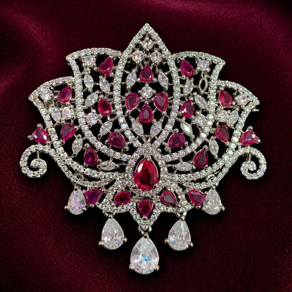 Elegant Lotus Shape Brooch Victorian Finish with Ruby Red AD Stones